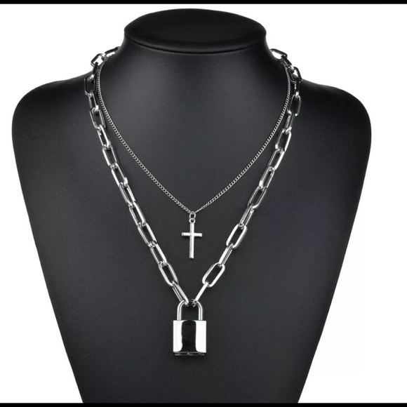 Silver Multilayer Padlock & Cross Chain Necklace - Picture 5 of 8